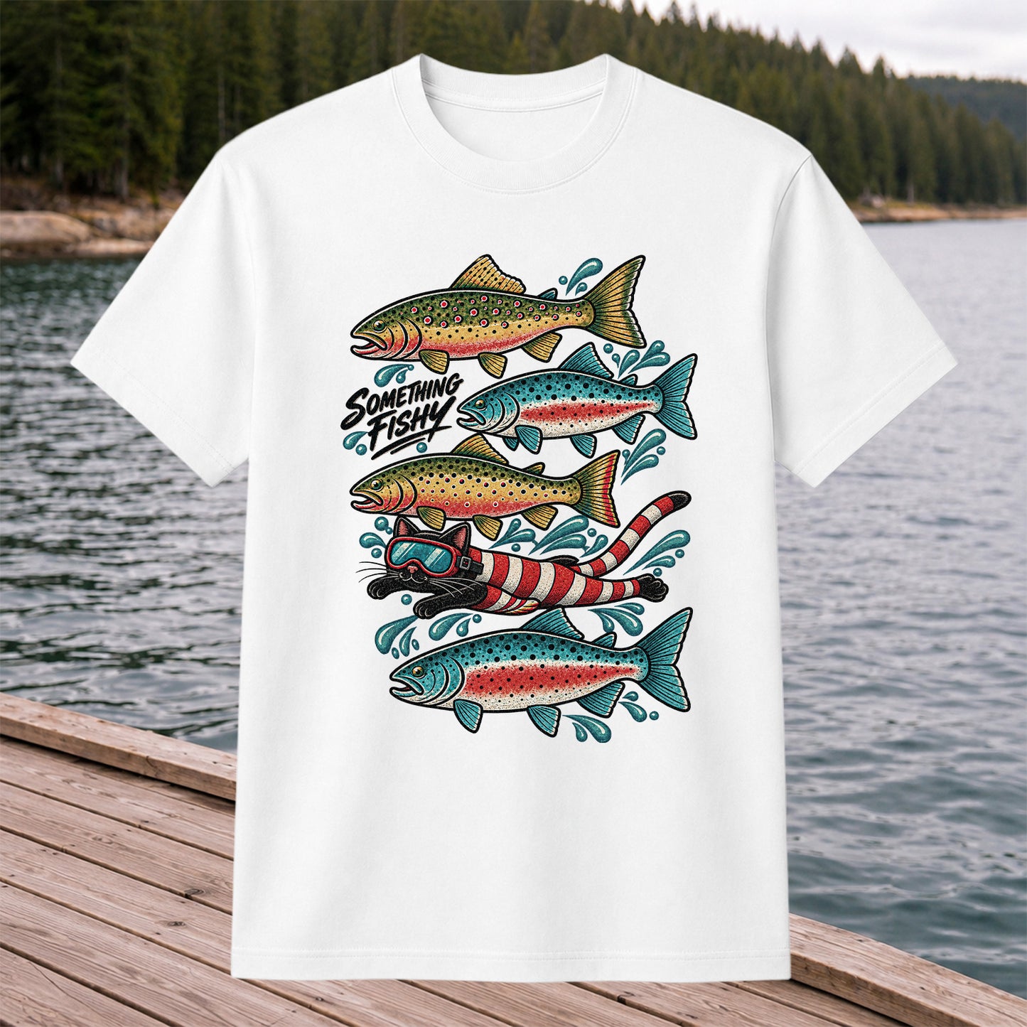Something Fishy Trout and Snorkeler Fishing Graphic T-Shirt