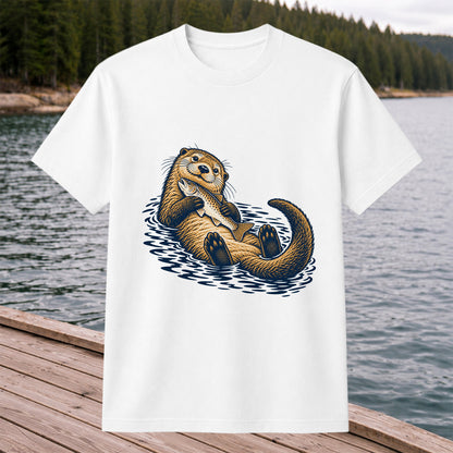 Cute Otter Holding Fish Hand Drawn Fishing Graphic T-Shirt