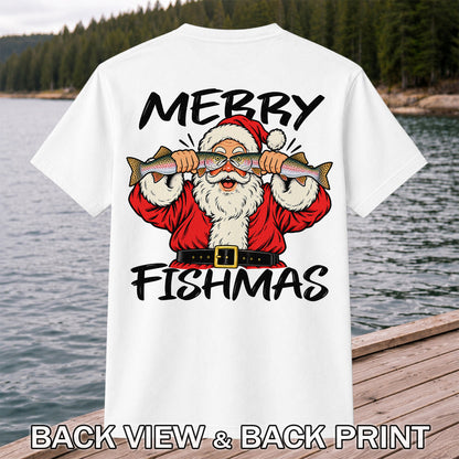 Merry Fishmas Santa Holding Rainbow Trout Christmas Fishing T-Shirt | Back Print