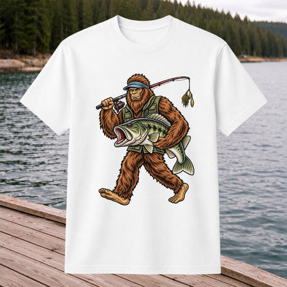 Bigfoot Holding a Largemouth Bass Fishing Graphic T-Shirt