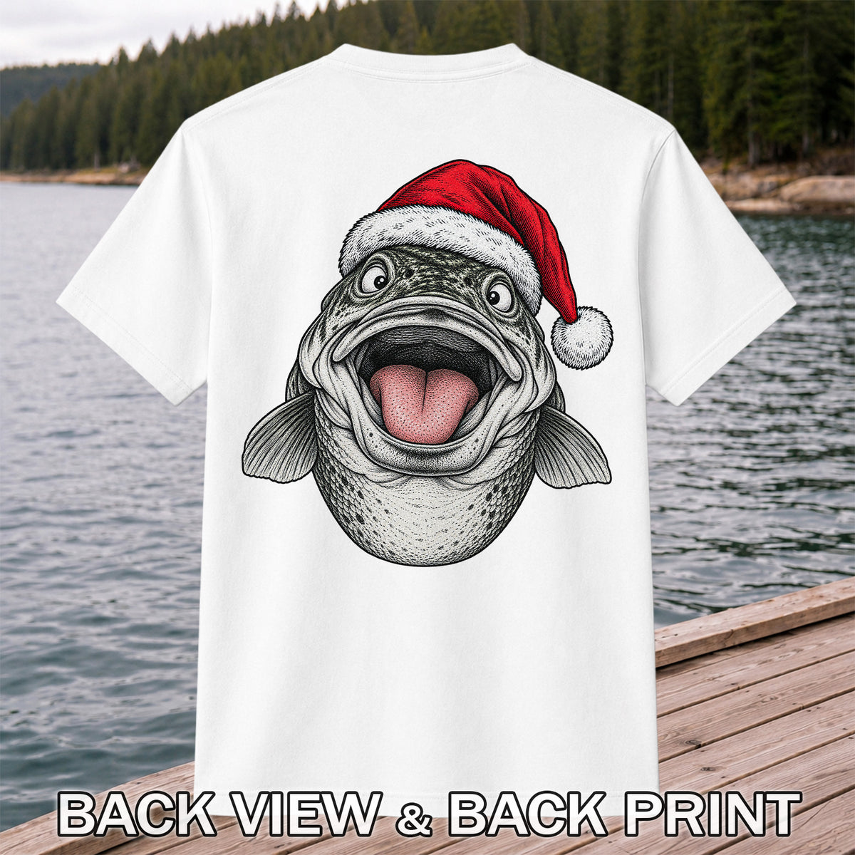 Funny Santa Hat Trout Christmas Fishing Graphic T-Shirt | Back Print