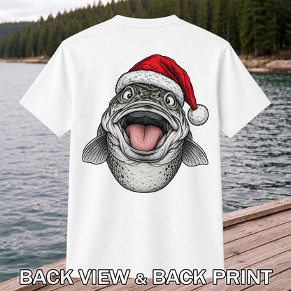 Funny Santa Hat Trout Christmas Fishing Graphic T-Shirt | Back Print
