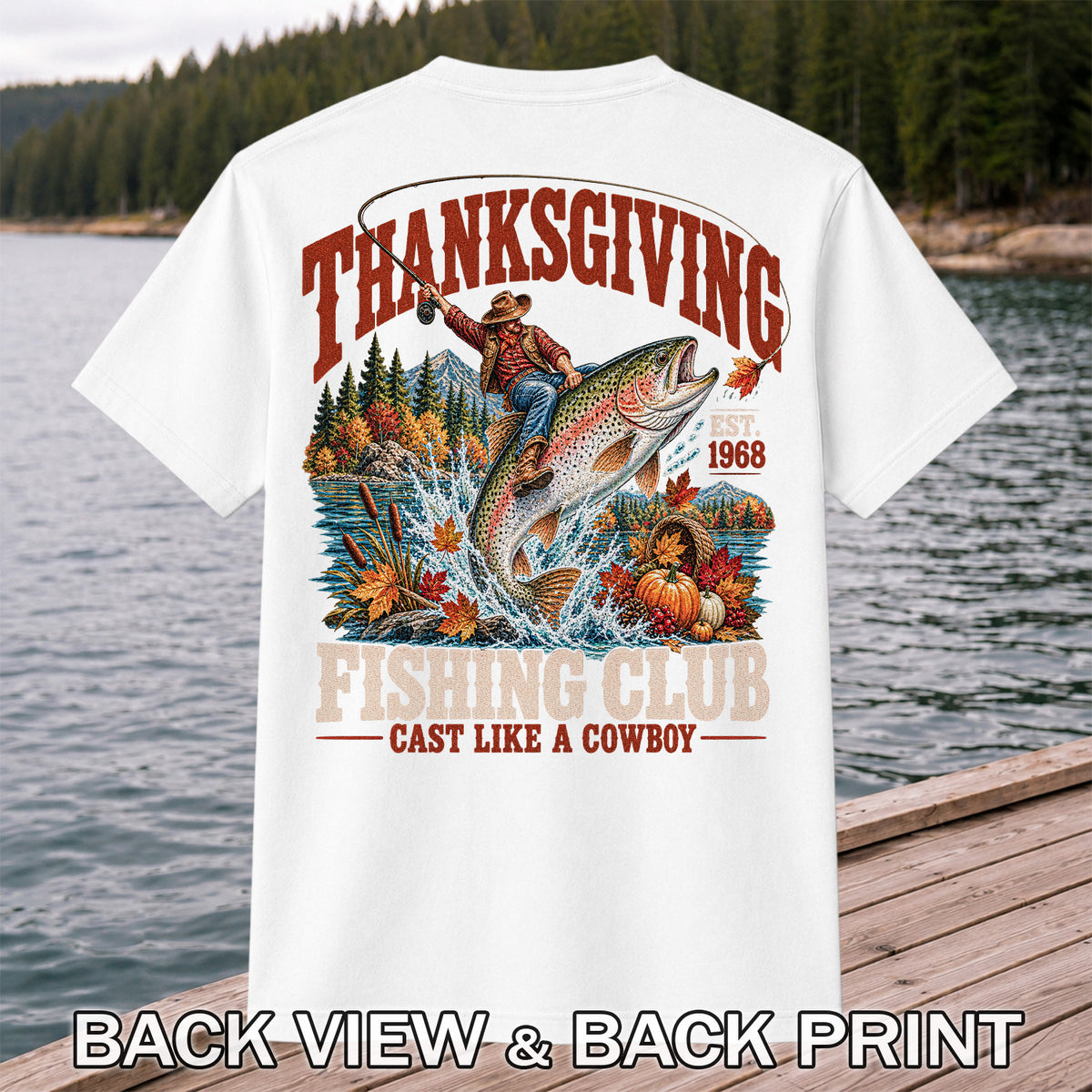 Thanksgiving Cowboy Trout Fishing Club Graphic T-Shirt | Back Print