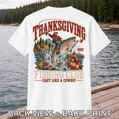 Thanksgiving Cowboy Trout Fishing Club Graphic T-Shirt | Back Print