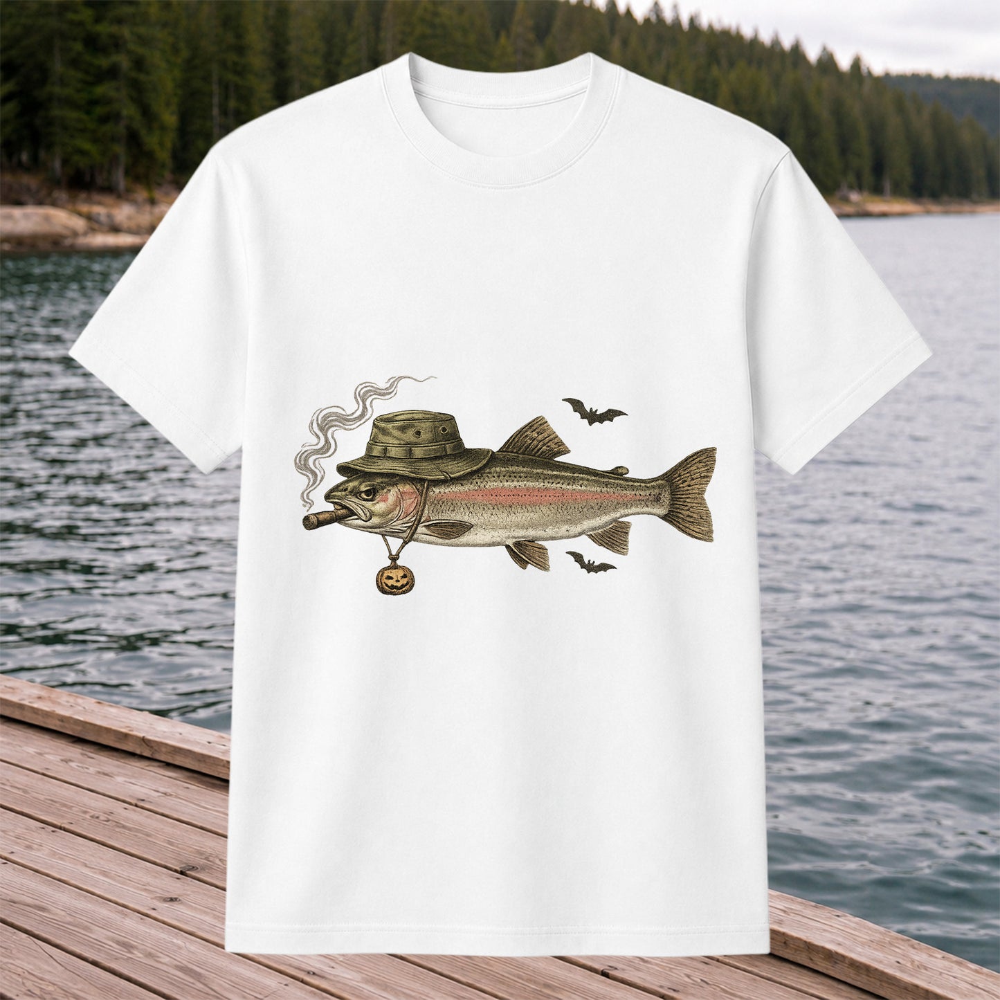 Halloween Trout in Fishing Hat with Pumpkin Charm Graphic T-Shirt