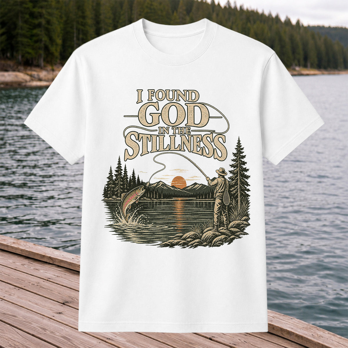 I Found God in the Stillness Trout Fly Fishing Sunset T-Shirt