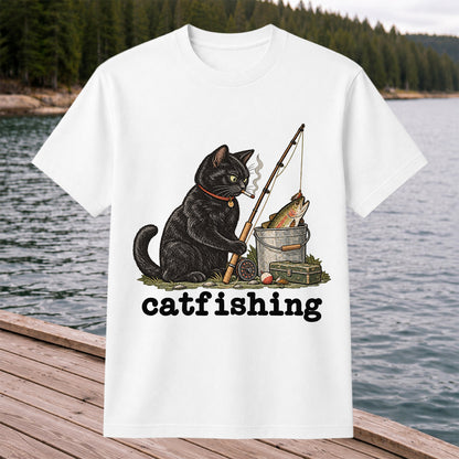 Catfishing Smoking Black Cat with Fishing Rod Funny T-Shirt