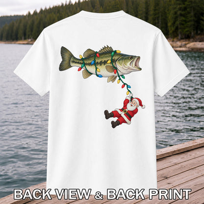 Santa Hanging from Christmas Lights on Bass Fishing Graphic T-Shirt | Back Print