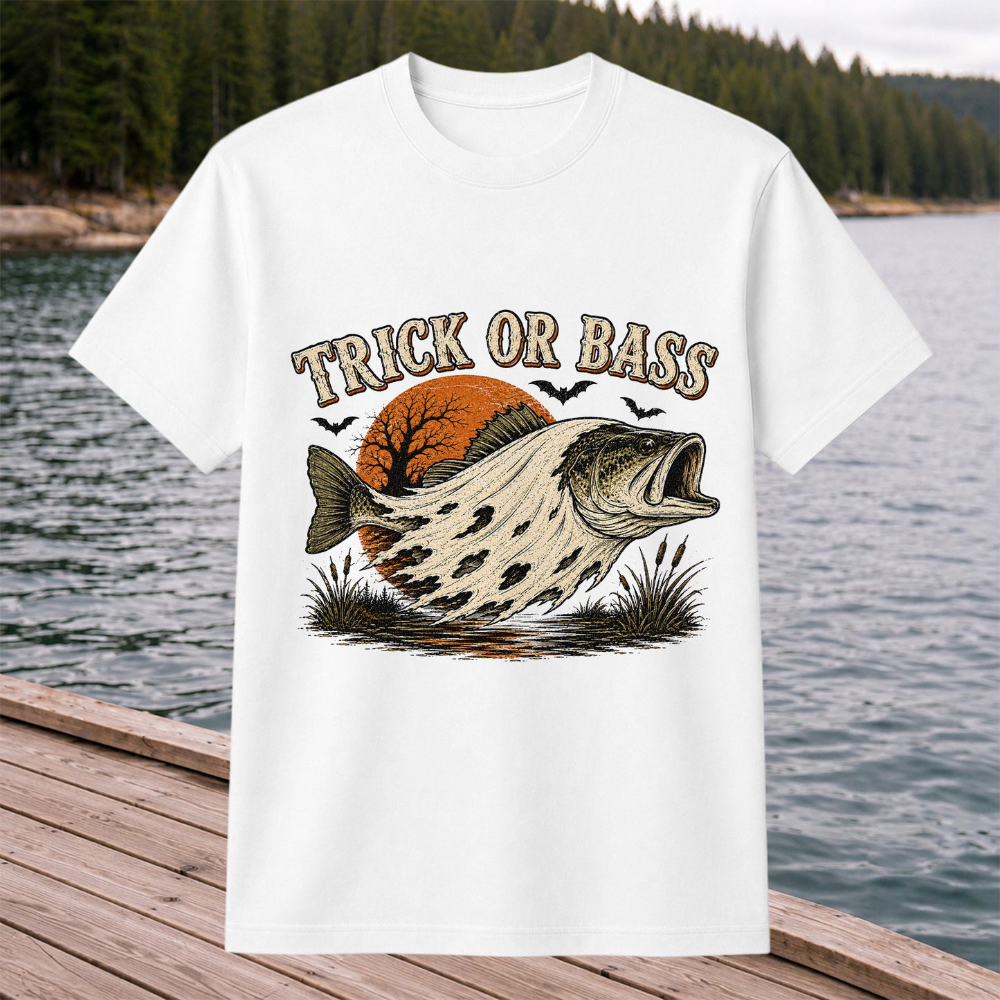 Trick or Bass Boo Halloween Fishing T-Shirt, Vintage Trout Angler Tee