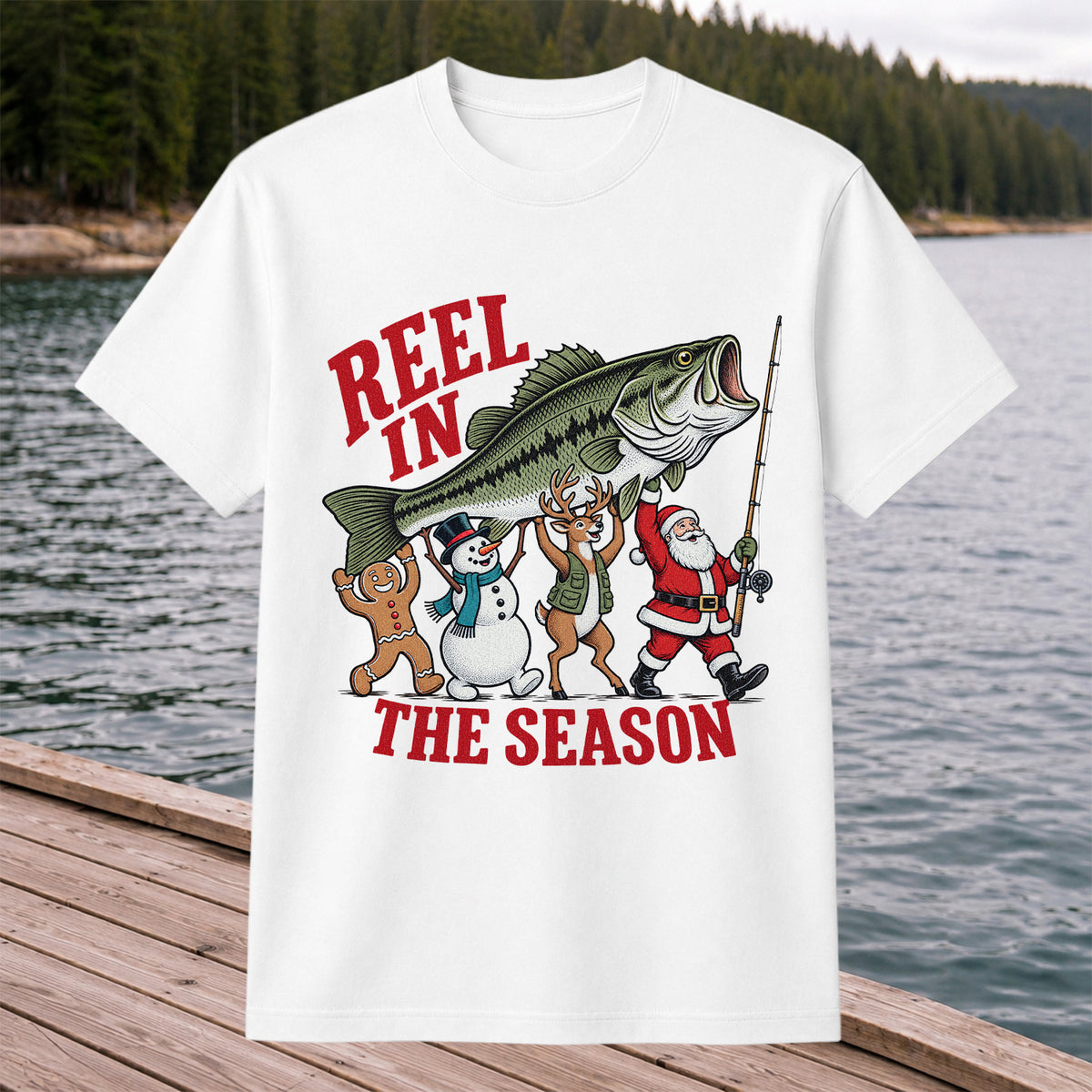 Reel in the Season Bass Christmas Fishing Graphic T-Shirt