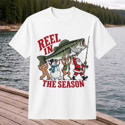 Reel in the Season Bass Christmas Fishing Graphic T-Shirt