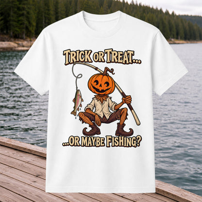 Trick or Treat Or Maybe Fishing Pumpkin Angler with Trout Halloween T-Shirt