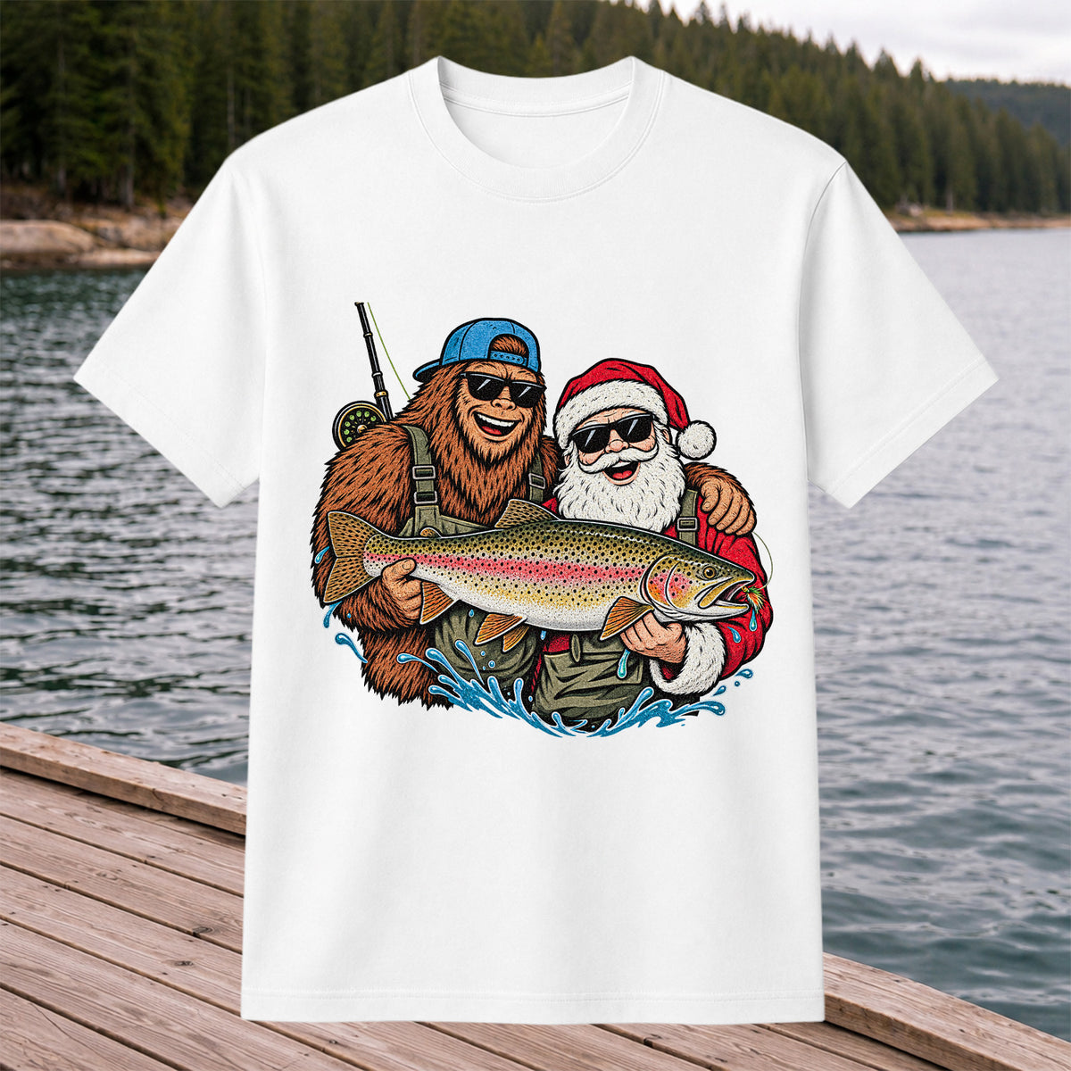 Bigfoot and Santa Holding Rainbow Trout Christmas Fishing Graphic T-Shirt