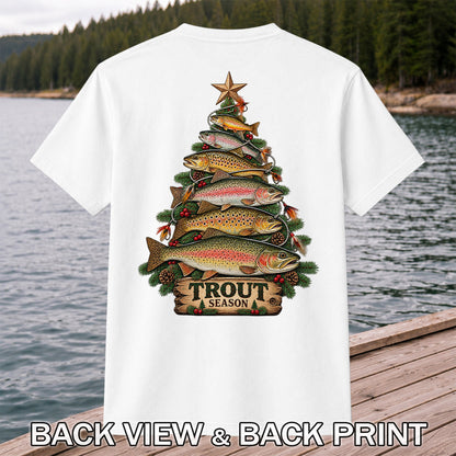 Trout Season Fish Christmas Tree Fishing T-Shirt | Back Print