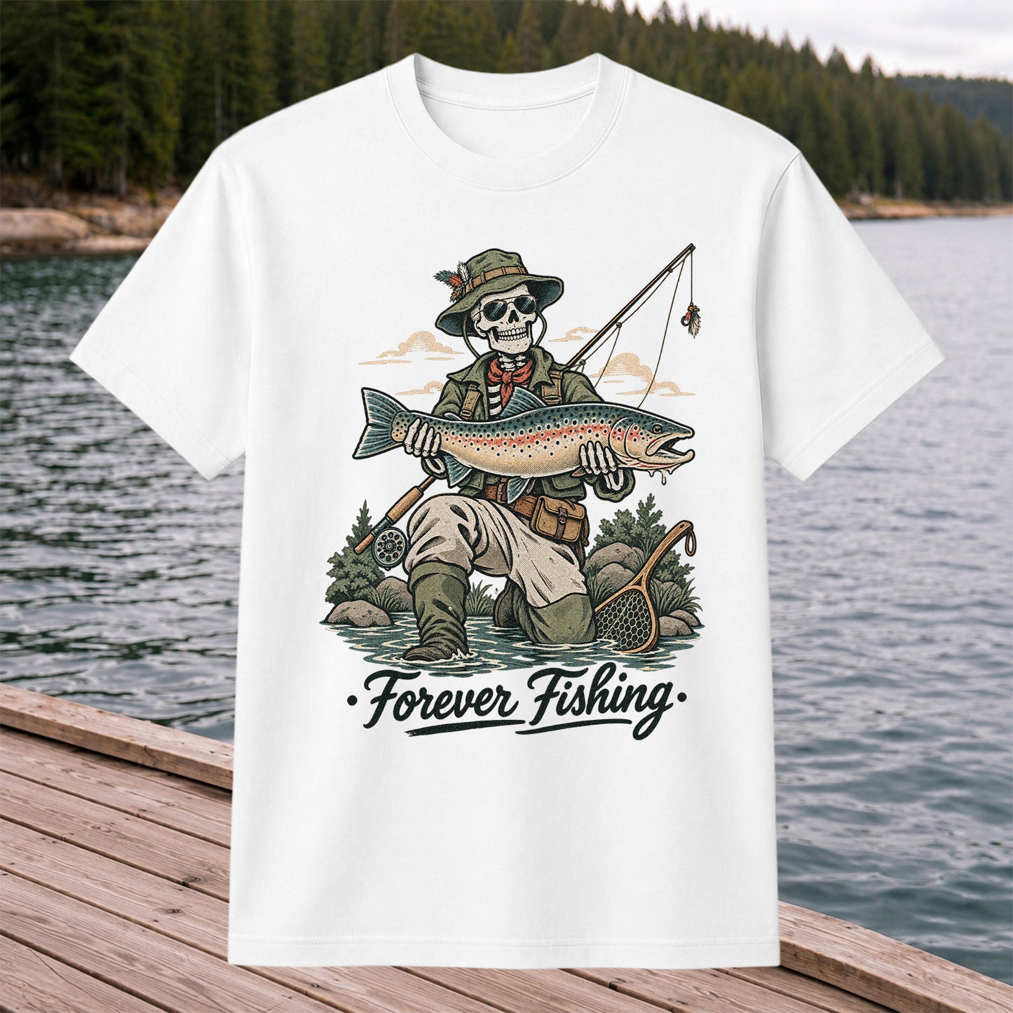 Forever Fishing Skeleton Angler with Rainbow Trout Graphic T-Shirt