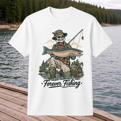 Forever Fishing Skeleton Angler with Rainbow Trout Graphic T-Shirt
