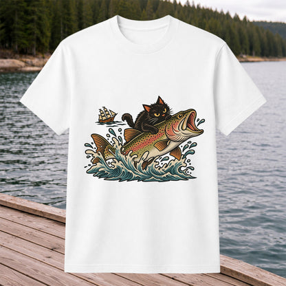 Black Cat Riding a Trout Ocean Wave Fishing Graphic T-Shirt