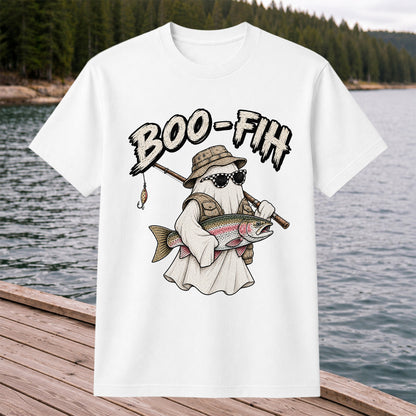 Boo-Fish Ghost Holding Rainbow Trout Fishing Graphic T-Shirt