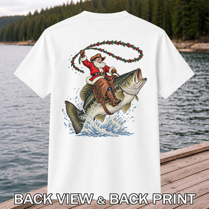 Cowboy Santa Riding a Jumping Bass Christmas Fishing Graphic T-Shirt | Back Print