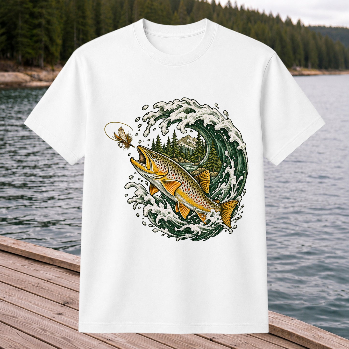 Brown Trout Chasing a Fly Through a Mountain Wave Graphic T-Shirt