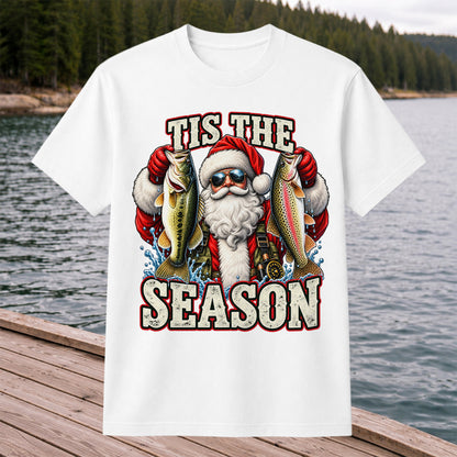 Tis the Season Santa Holding Bass and Rainbow Trout Christmas Fishing T-Shirt