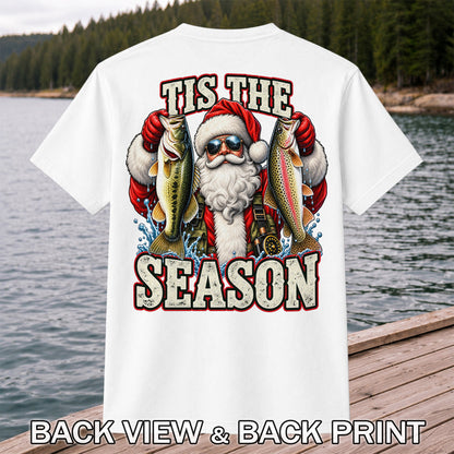 Tis the Season Santa Holding Bass and Rainbow Trout Christmas Fishing T-Shirt | Back Print