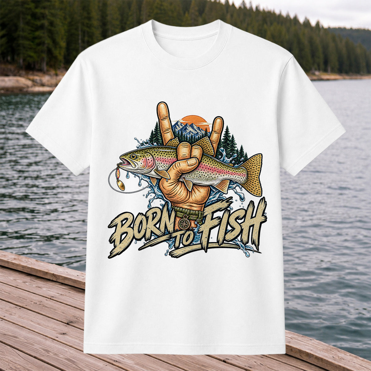 Born to Fish Rainbow Trout Rock Hand Sign Fishing T-Shirt