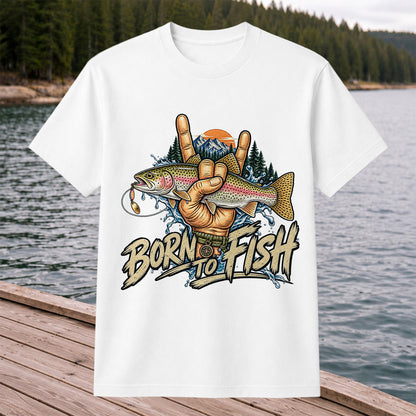 Born to Fish Rainbow Trout Rock Hand Sign Fishing T-Shirt