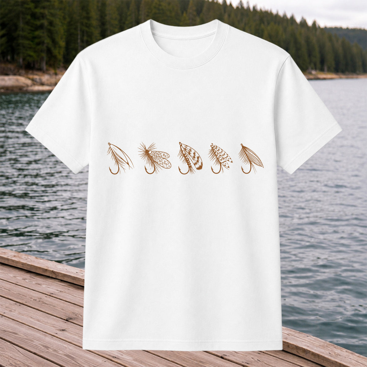 Five Fly Fishing Lures Minimalist Line Art T-Shirt