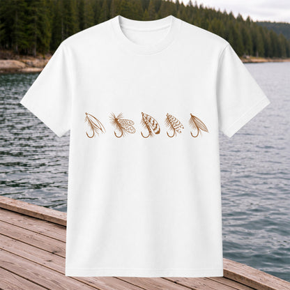 Five Fly Fishing Lures Minimalist Line Art T-Shirt