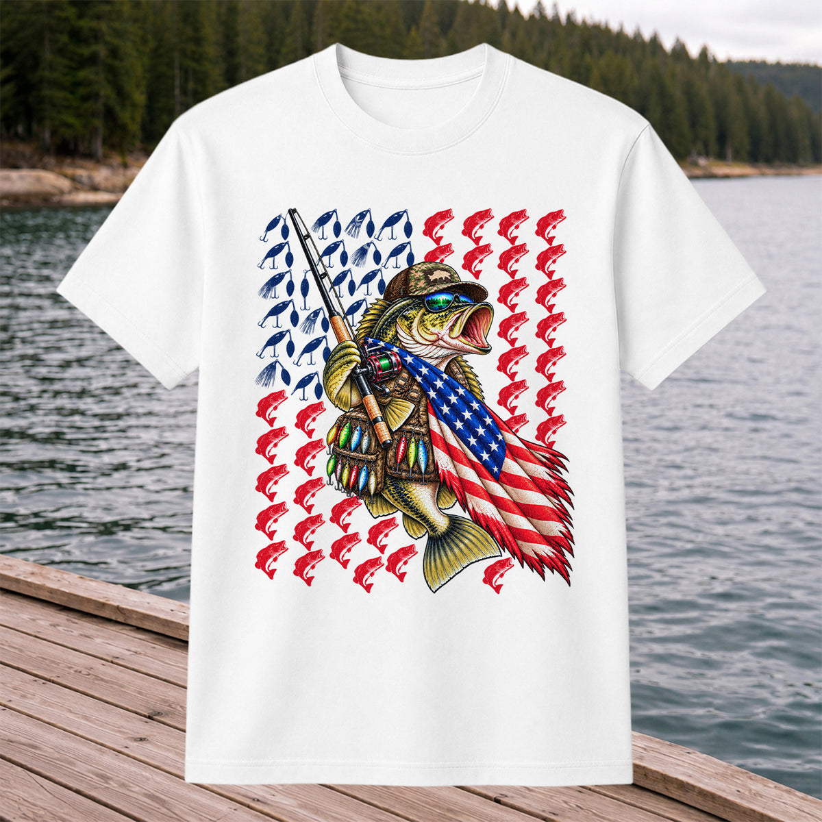 Patriotic Bass Fishing Graphic T-Shirt with American Flag Design