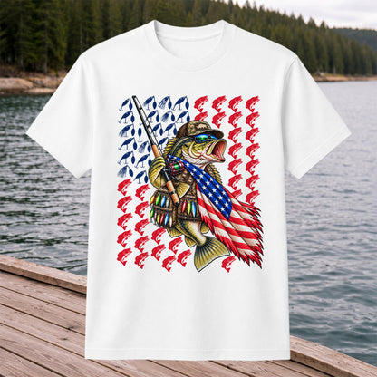Patriotic Bass Fishing Graphic T-Shirt with American Flag Design