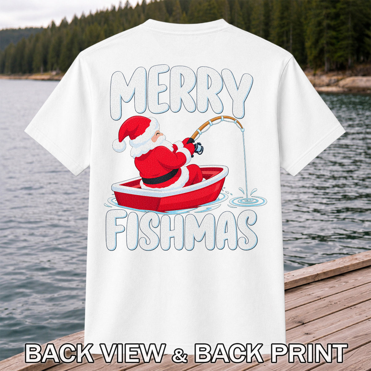 Santa Claus Boat Fishing Christmas Graphic T-Shirt | Back Print