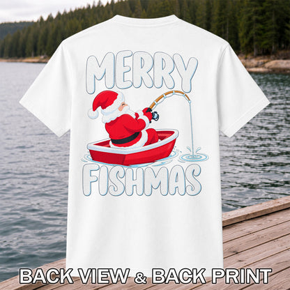 Santa Claus Boat Fishing Christmas Graphic T-Shirt | Back Print