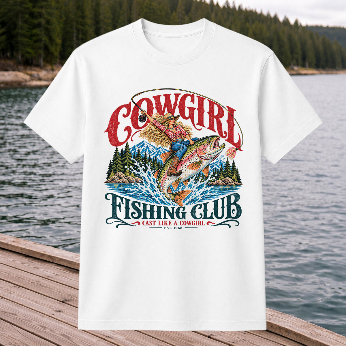 Cowgirl Riding Trout Fishing Club Graphic T-Shirt