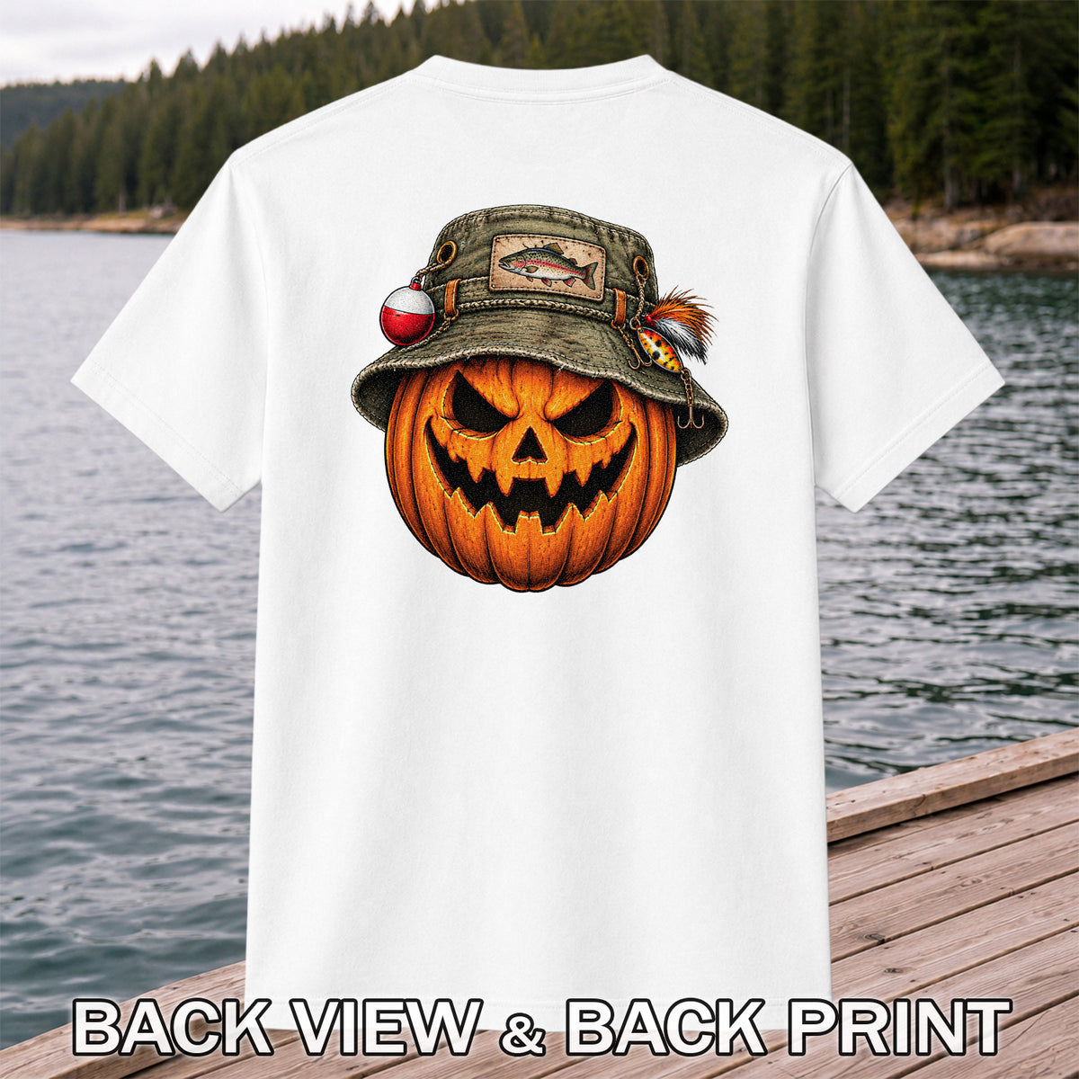 Halloween Pumpkin in a Trout Fishing Hat Graphic T-Shirt | Back Print