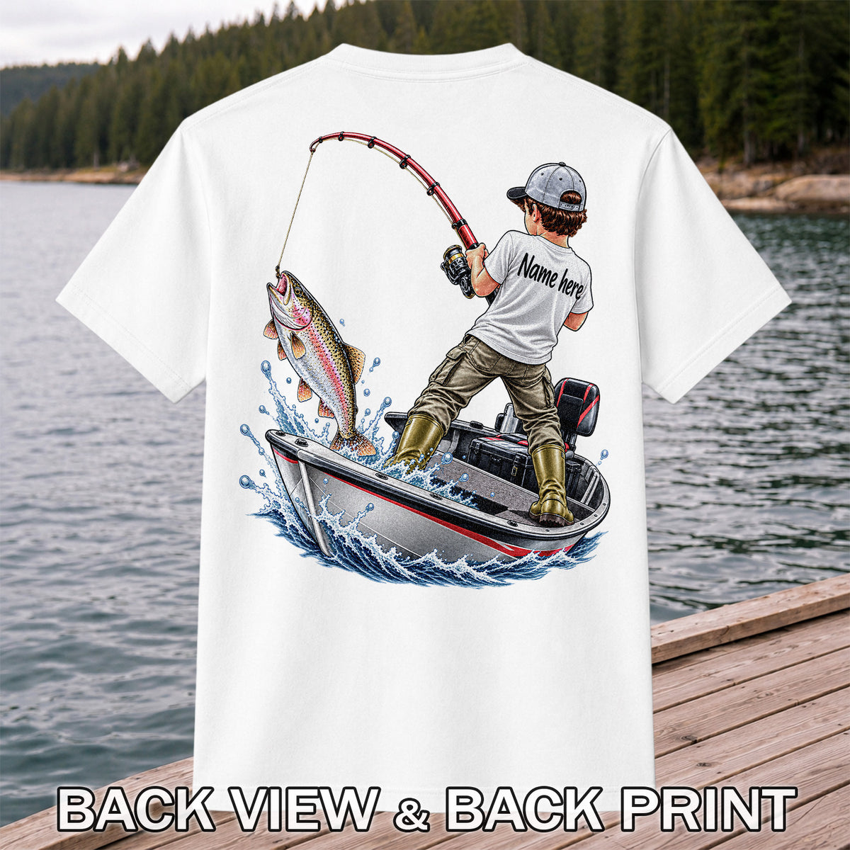 Personalized Boy Fishing Boat and Rainbow Trout Graphic T-Shirt | Back Print