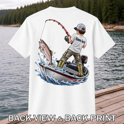 Personalized Boy Fishing Boat and Rainbow Trout Graphic T-Shirt | Back Print