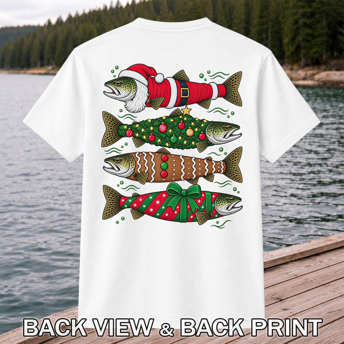 Christmas Trout Santa Tree and Gift Wrap Fishing T-Shirt | Back Print
