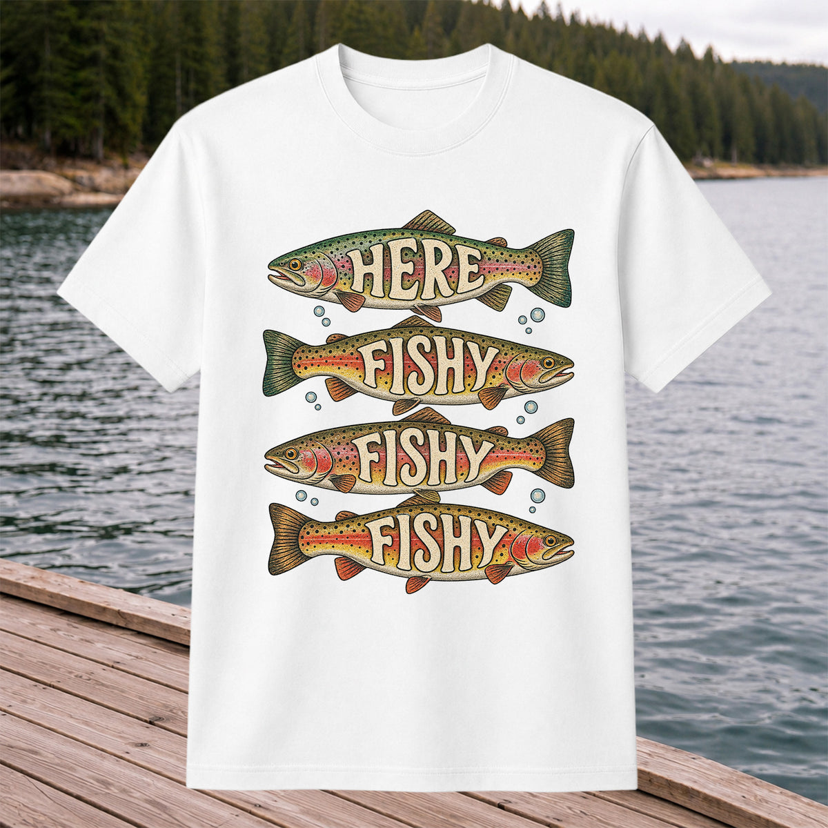 Here Fishy Fishy Fishy Rainbow Trout Fishing Graphic T-Shirt