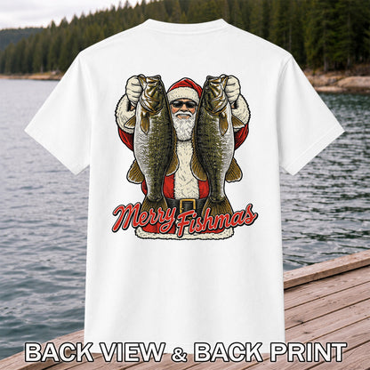 Santa Holding Bass Christmas Fishing Graphic T-Shirt | Back Print