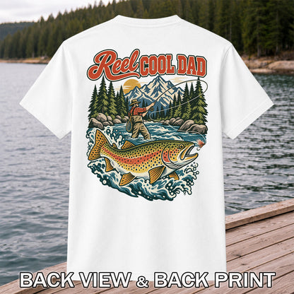 Reel Cool Dad Rainbow Trout Fly Fishing Graphic T-Shirt | Back Print