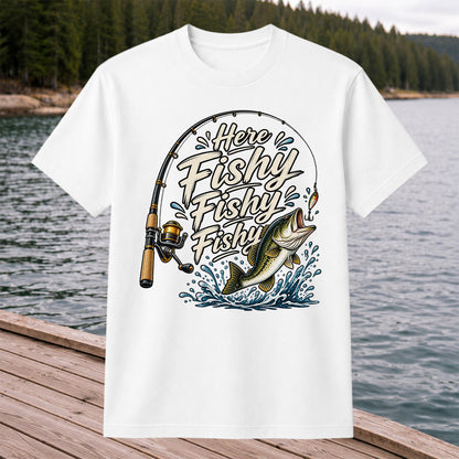 Here Fishy Fishy Fishy Funny Bass Fishing Graphic T-Shirt