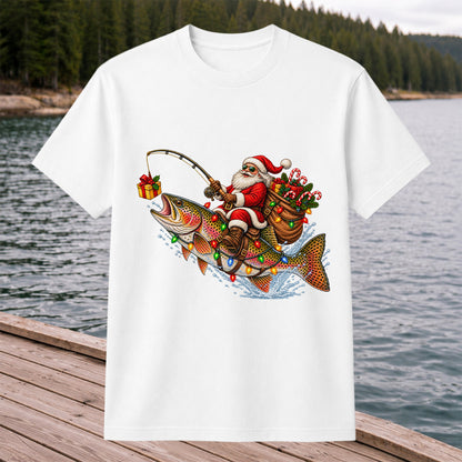Santa Riding a Rainbow Trout Christmas Fishing Graphic T-Shirt