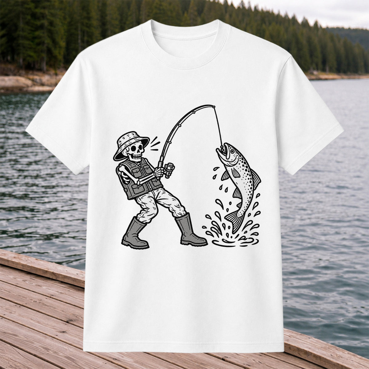 Skeleton Angler Catching a Trout Fishing Graphic T-Shirt