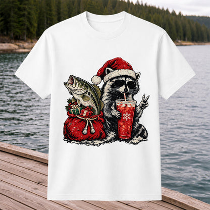 Santa Raccoon Sharing a Bass Christmas Fishing Graphic T-Shirt