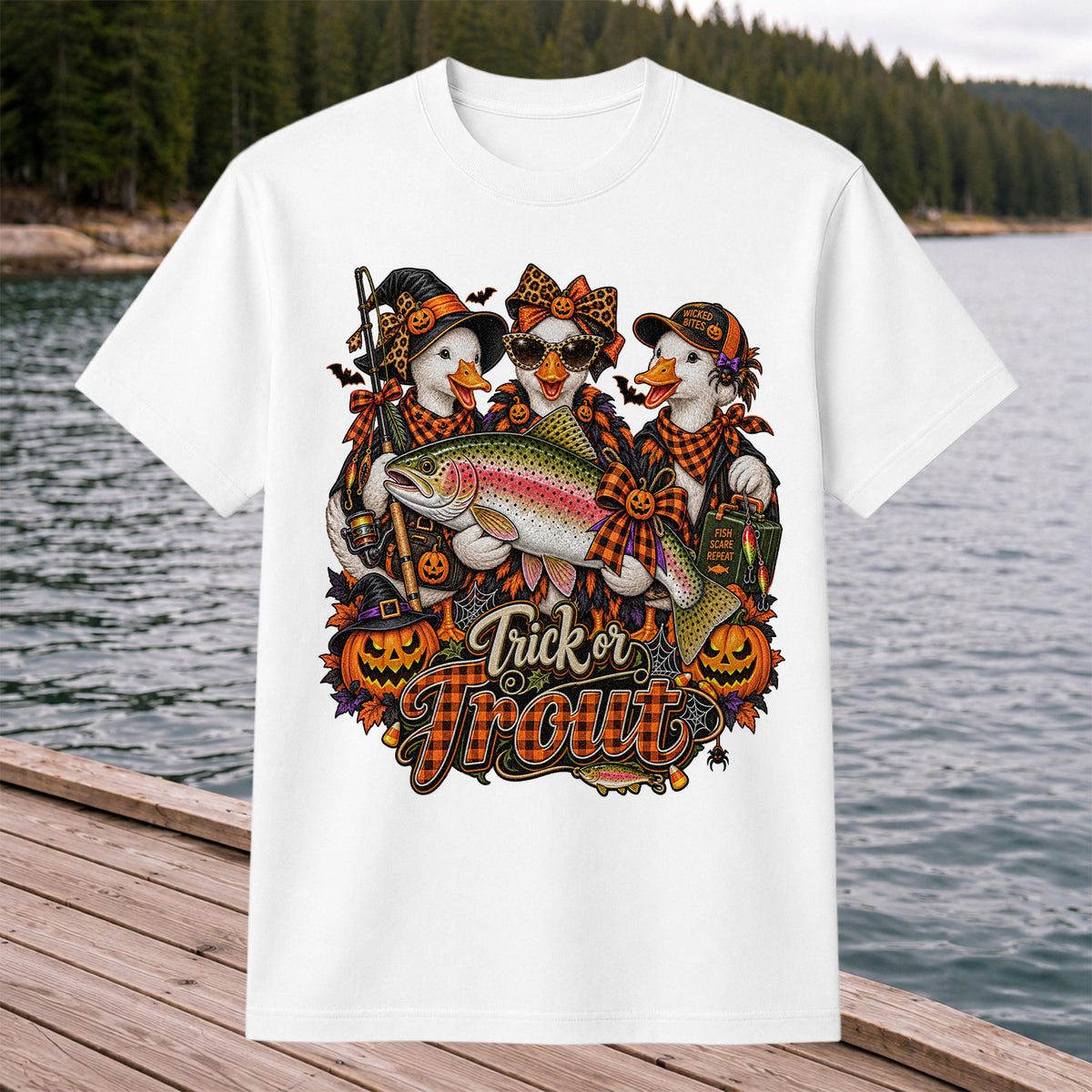 Trick or Trout Halloween Ducks with Rainbow Trout and Pumpkins Fishing T-Shirt