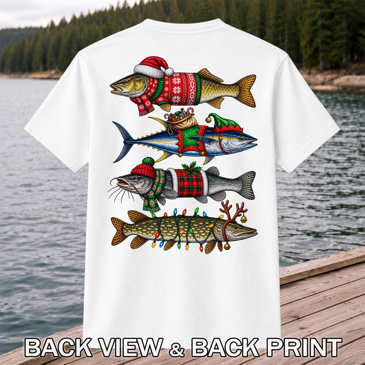 Christmas Fish in Festive Sweaters Fishing Graphic T-Shirt | Back Print