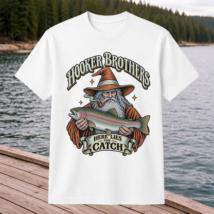 Hooker Brothers Here Lies the Catch Wizard Trout Fishing T-Shirt