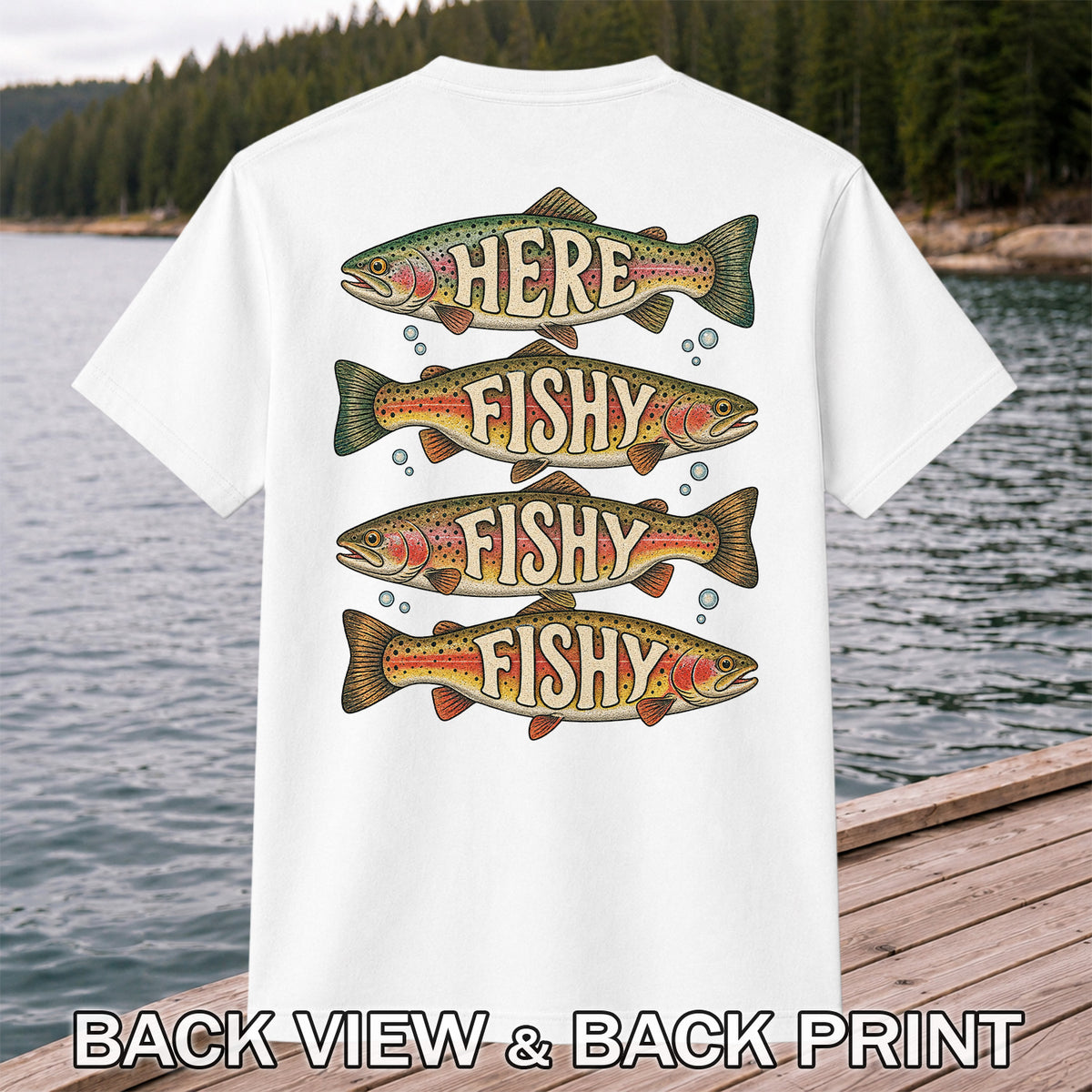 Here Fishy Fishy Fishy Rainbow Trout Fishing Graphic T-Shirt | Back Print